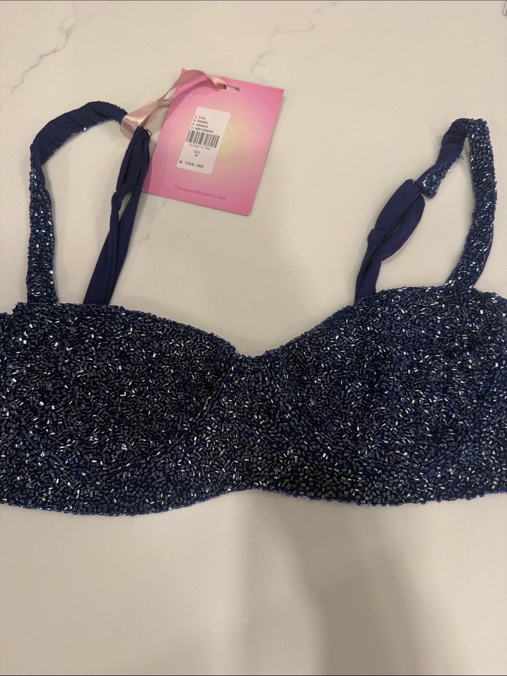 NWT Oceanus Beaded Navy bikini top - retail $155